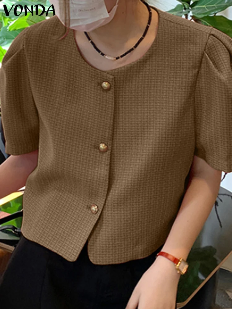 

Пиджак VONDA женский с коротким пышным рукавом, повседневный свободный однотонный блейзер с круглым вырезом, рубашка на пуговицах, элегантный офисный Топ, лето 2024