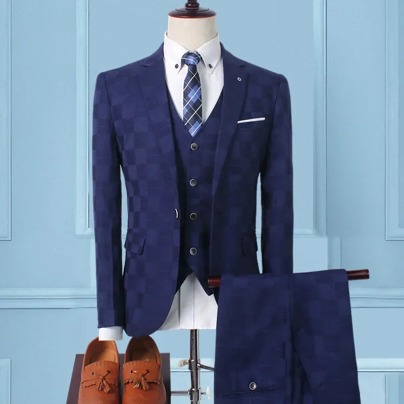 Plaid Suit Men Blazer Vest Pants Business British Style Wedding Dress Banquet High End Slim Fit Jacket Trousers 3 Piece Set mens suit