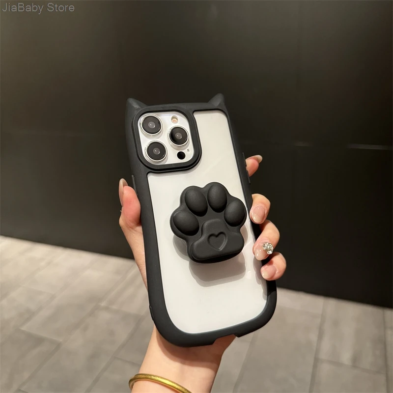 Custodia per telefono morbida glitterata con supporto per gatto in silicone trasparente liquido a copertura totale per iPhone 11 12 13 14 15 16 Pro Max Plus_voghion.com