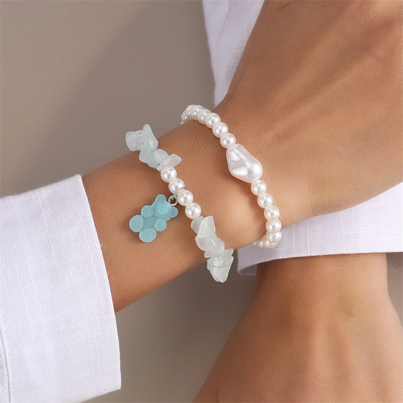 2-teiliges Set Bohemian Handgefertigte Imitationsperlen-Armbänder für Frauen Blauer Bären-Anhänger Armbänder Schmuck DIY Geburtstagsgeschenke – Detail 2