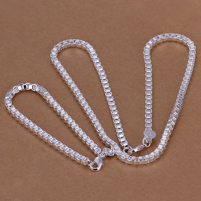 

925 Color silver women lady Factory direct wedding European style male 4MM box chain fashion necklace bracelets jewelry Set