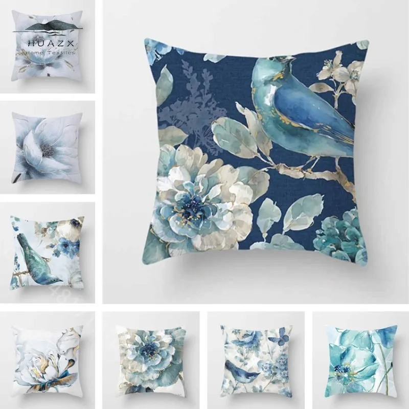 

Painted Blue Bird Print Pillow Case Creative Flower Cushion Covers for Living Room Bedroom Sofa Home Decoration Throw Pillowcase