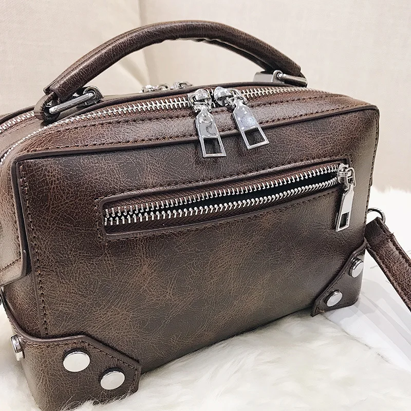 

Euramerican Popular Outdoor Commuter Vintage All-match Bags High End Glossy Solid Leather Crossbody Pack Fashion Zipper Bag