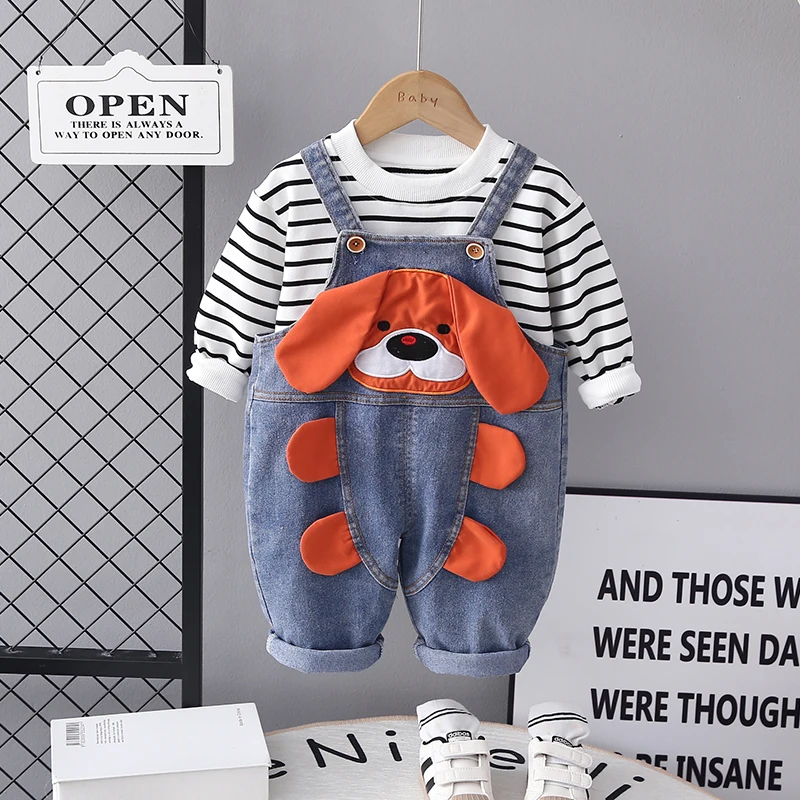 

Children Clothing Sets 2023 Autumn Toddler Baby Girls Boys Stripe T Shirt Cartoon Overalls Infant Clothes Outfits Kids Tracksuit