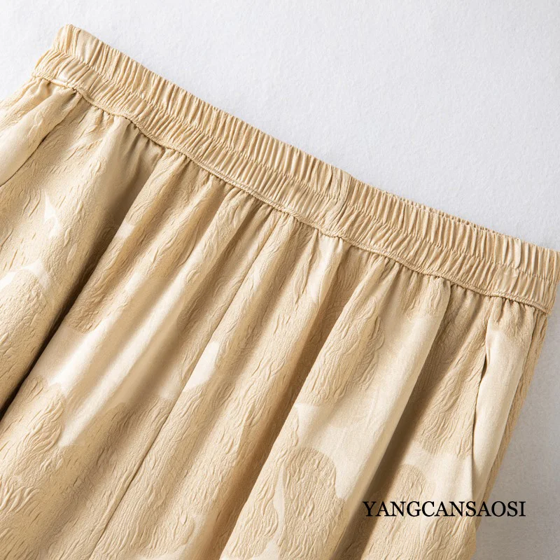2024 Women's Fashion Summer New Natural Mulberry Silk GuanLe Satin Champagne Elastic Waist Loose Versatile Casual Wide Leg Pants