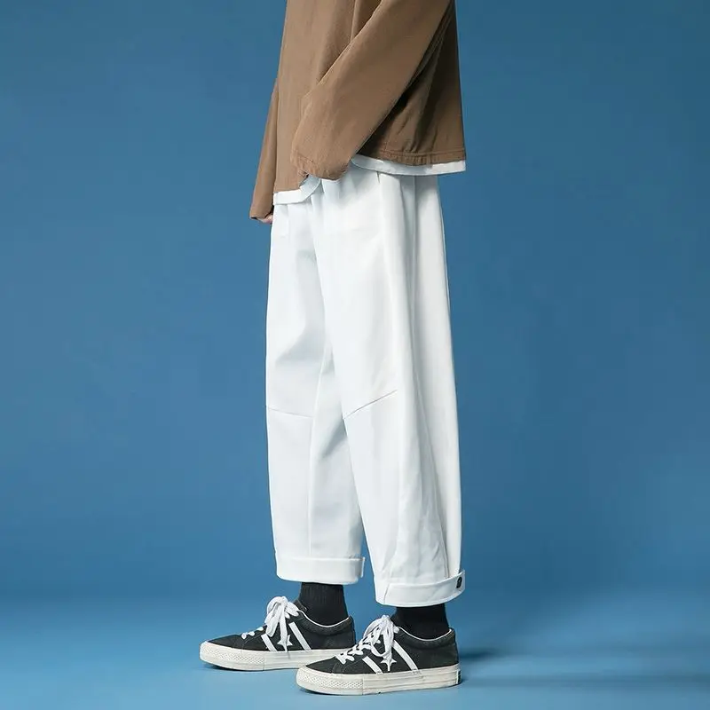 Spring Autumn New Solid Color Fashion Elastic Waist Wide Leg Trousers Man High Waist Pockets Patchwork Loose Ankle Length Pants