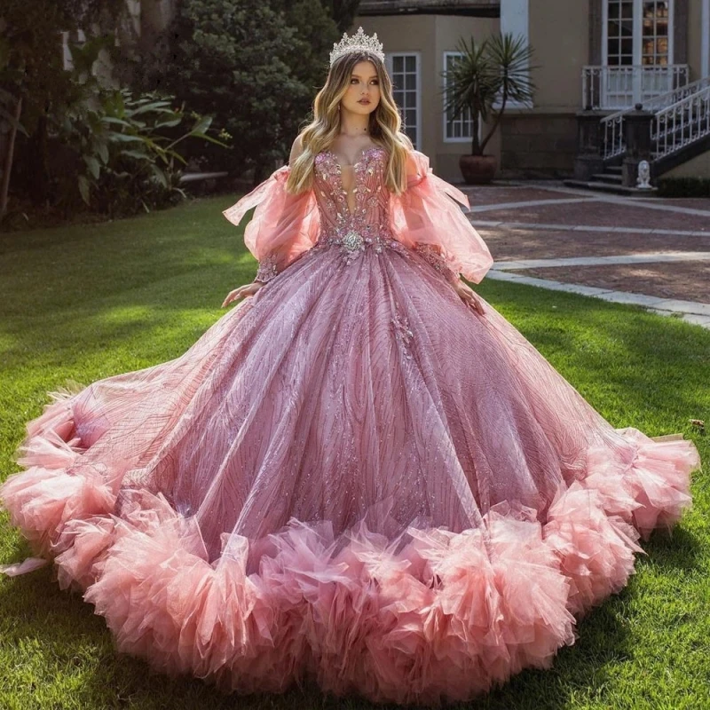 

2023 блестящее розовое платье с открытыми плечами, бальное платье, платье на день рождения, 15 лет