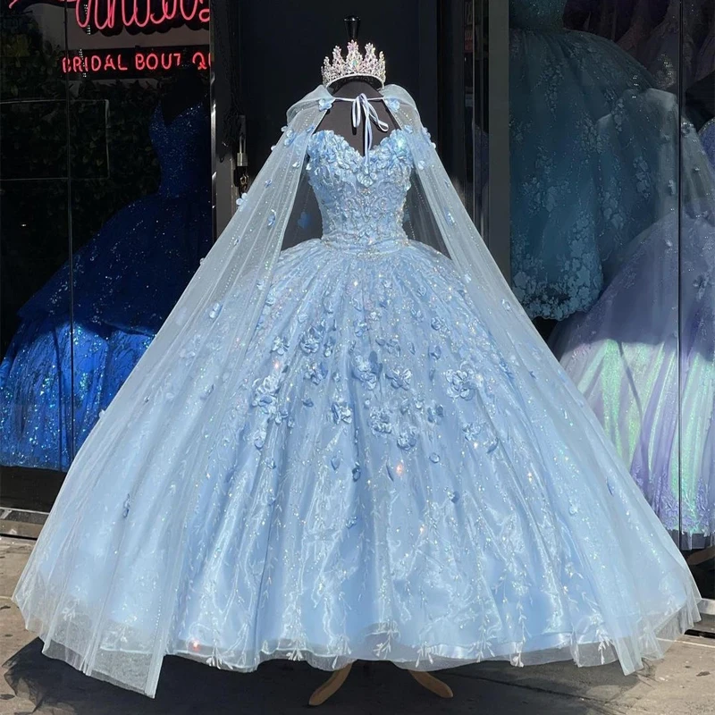 

Light Sky Blue Quinceanera Sweet 16 Dresses Lace Applique 3D Flower Off Shoulder Lace-up Prom Ball Gowns Graduation