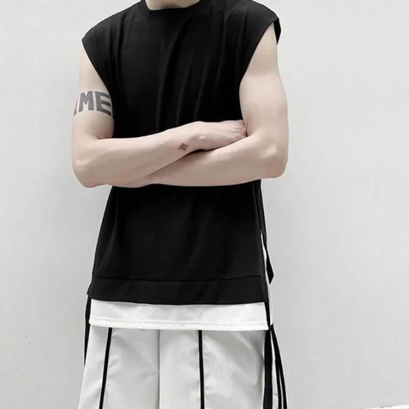 

Men Black White Splice Ribbon Hem Loose Tops Tank Tee Shirt Male Streetwear Hip Hop Japan Style Sleeveless T-shirt