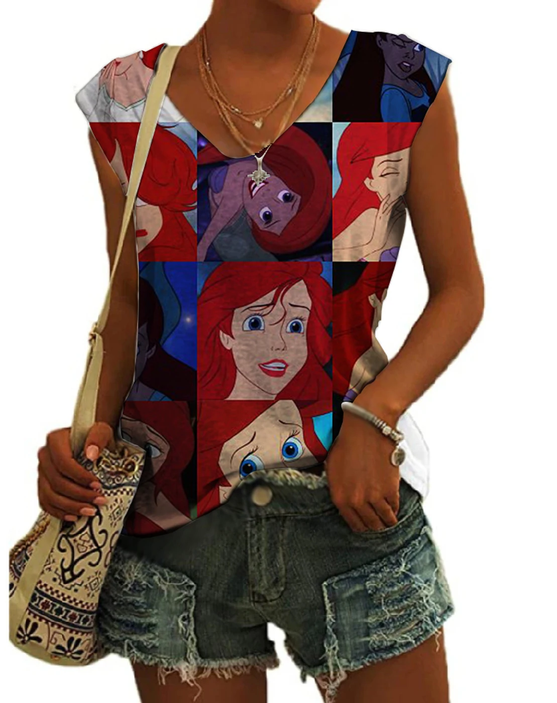

Summer New Disney Ariel Mermaid Anime Print Street Style Sleeveless Vest Fashion Versatile Casual Ladies Slim V-Neck Top