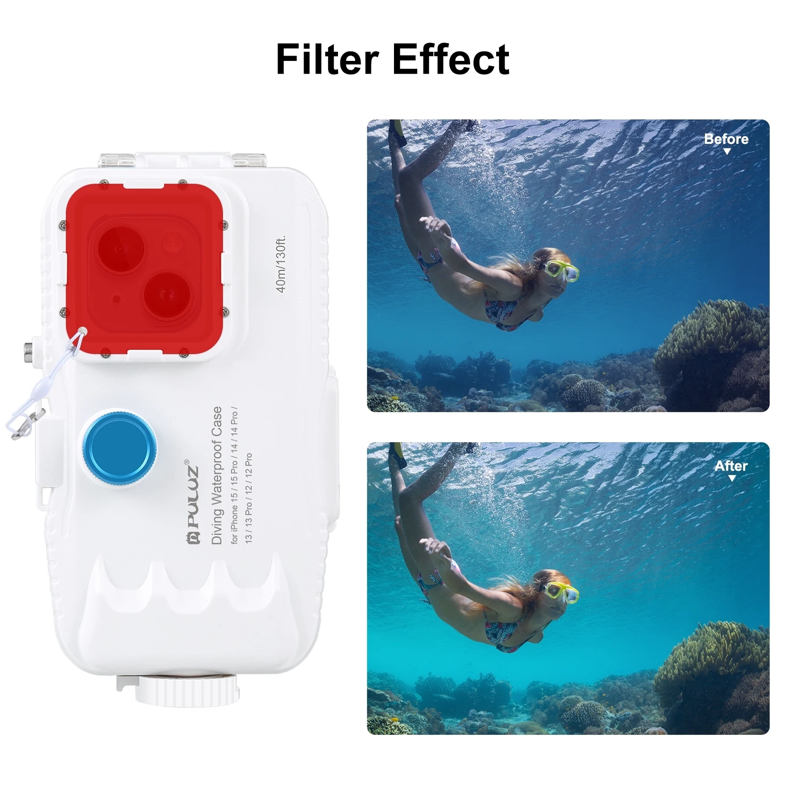PULUZ 40m 130ft Waterproof Diving Case for iPhone 15 15 Pro 14 14 Pro 13 13 Pro 12 12 Pro with One-way Valve Photo Video Taking