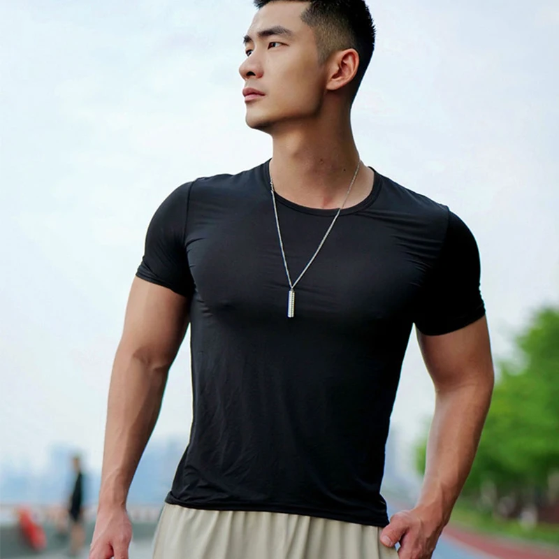 Man Workout Undershirt Ice Silk Solid Color T-Shirts Male Thin O-neck Short Sleeves Tank Top Quick Dry Breathable Pullover Shirt