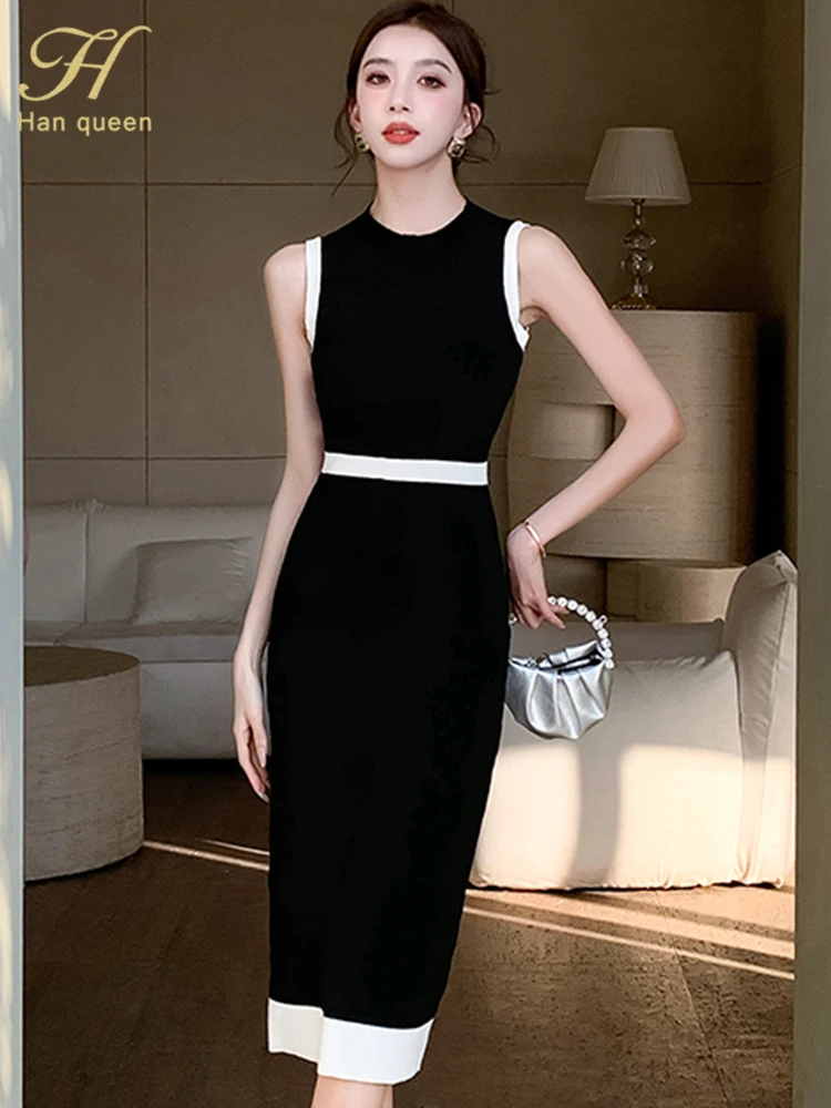 H Han Queen Fashion Summer Knitted Dresses Korean O-Neck Midi Elegant ...