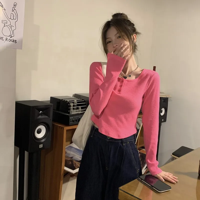 Women Long Sleeve Knitted Cropped Tshirts for Spring Summer