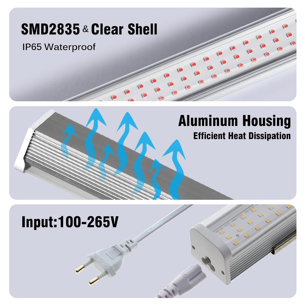 Full Spectrum LED Grow Bar Light, IP65 Phytolamp impermeável para plantas, tenda de estufa, 100-265V, 53cm, 4pcs