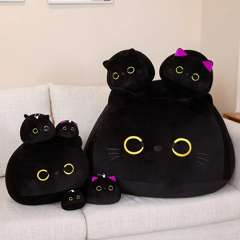 9cm-70cm Kawaii Big Size Plush Cat Pillow Round Black Cat Bed Cushion Sleeping Toys