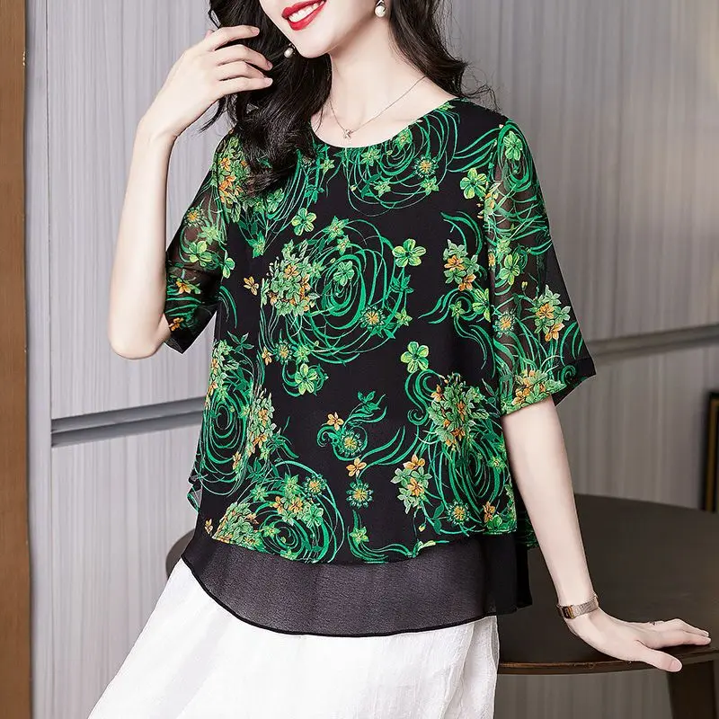 

2023 Vintage Floral Printed Blouse Women's Clothing Fashion Round Neck Summer Loose Half Sleeve Casual Patchwork Chiffon Shirt