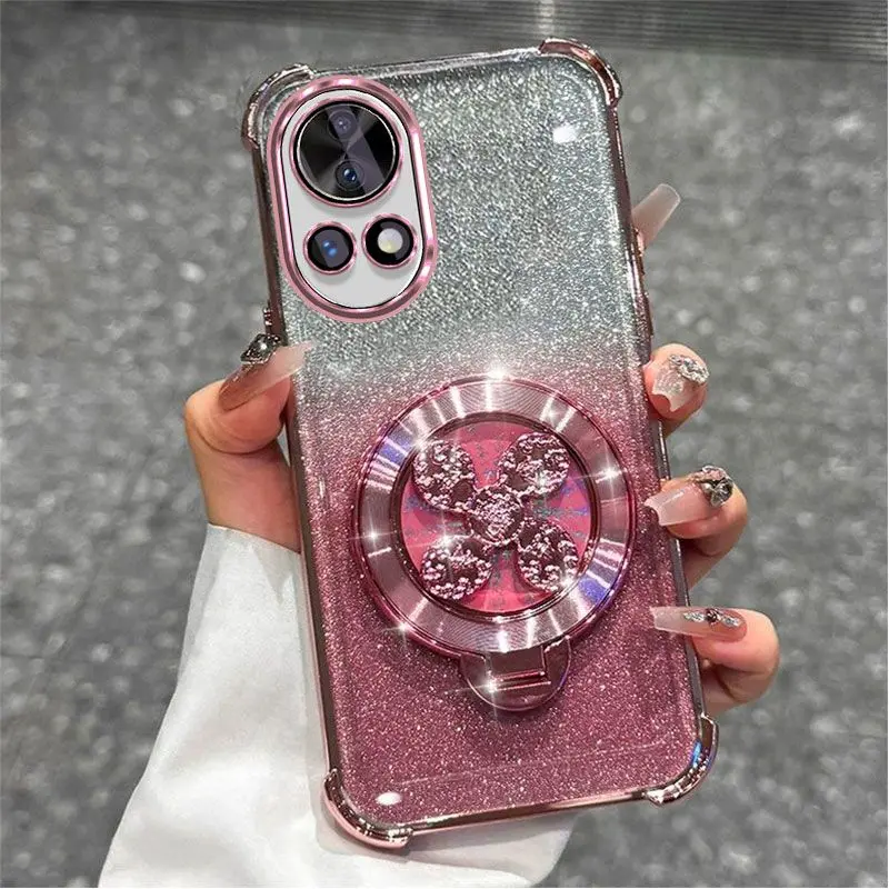 Gradient Glitter Electroplated Phone Case with Hand Strap Holder