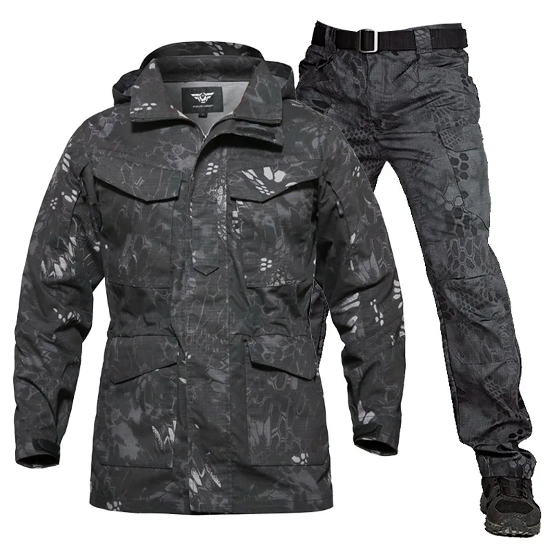 블랙 M65 카고 세트 남성 군용 멀티 포켓 방수 윈드 브레이커 코트 + 방풍 스트레이트 바지 봄 가을 후드 슈트