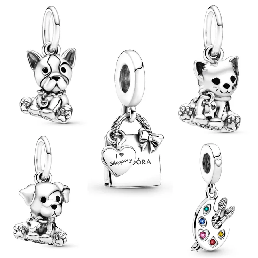 925 Sterling Silver Labrador Puppy Dog & Kitty-Cat Charm Bead Fit Originale Pandora Bracciale Clip Fai Da Te Gioielli