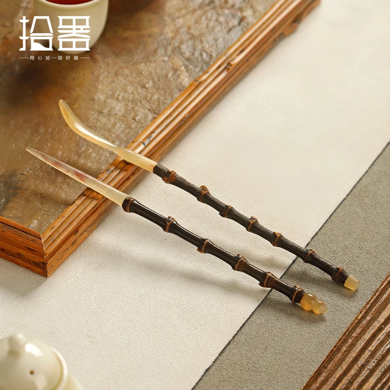Handmade purple bamboo whip handle ox horn head tea pull tea needle hairpin scoop grilled ceremony six gentleman spa
