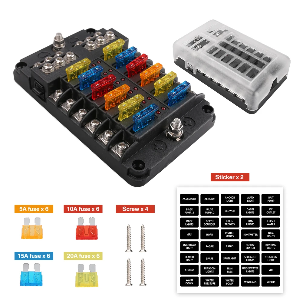 6/12 Way Blade Fuse 12-24V Car Boat Fuse Box Holder With Plastic Cover For Power Panel Board Camper RV Accessorie