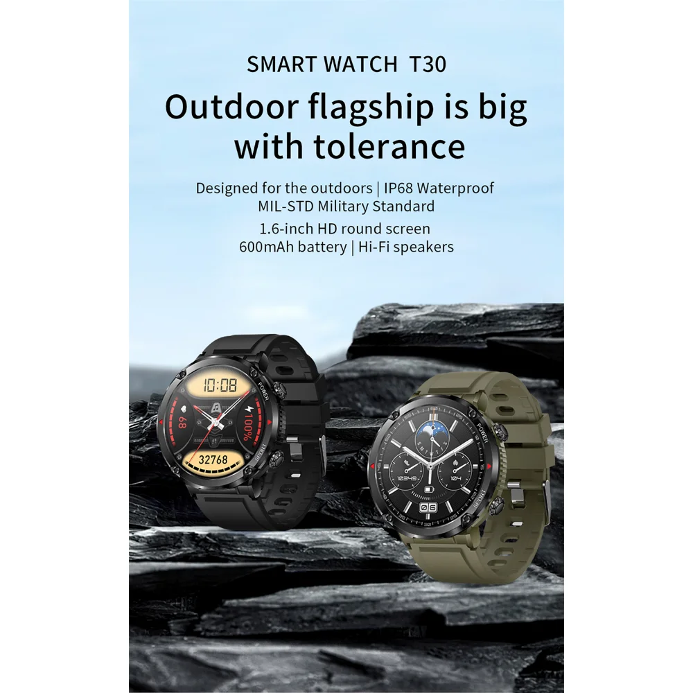 

New T30 Men's Smart Watch 2023 Bluetooth Call Smartwatch Fitness Sports Clock 1.6 inch HD Screen 600mAh Large Battery Watches