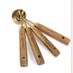 Wooden Handle Stainless Steel Measuring Cups & Spoons Set for Baking and Bartending (4 Pcs-X)