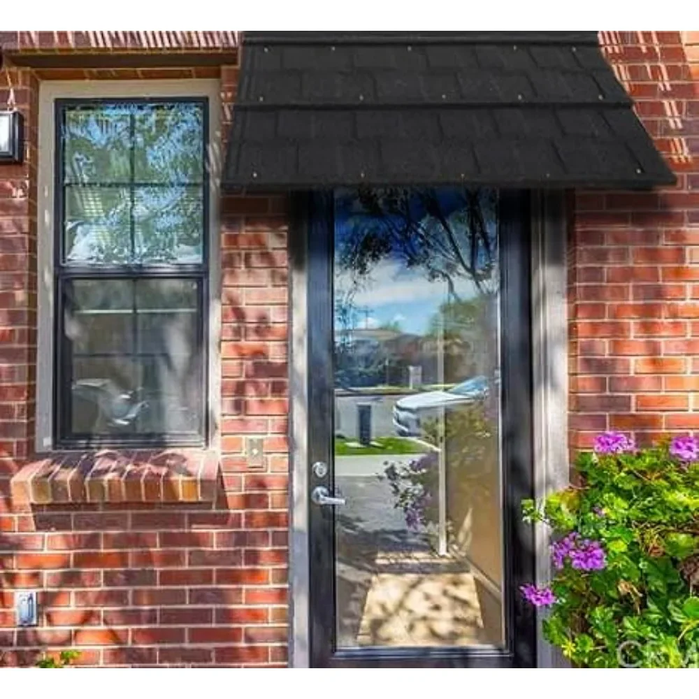 Fixed Metal Awnings 52 in W x 31 in H, Triangle Steel Frame with Tile Shaped Metal Awning for Door Entrance, Windows, Porches