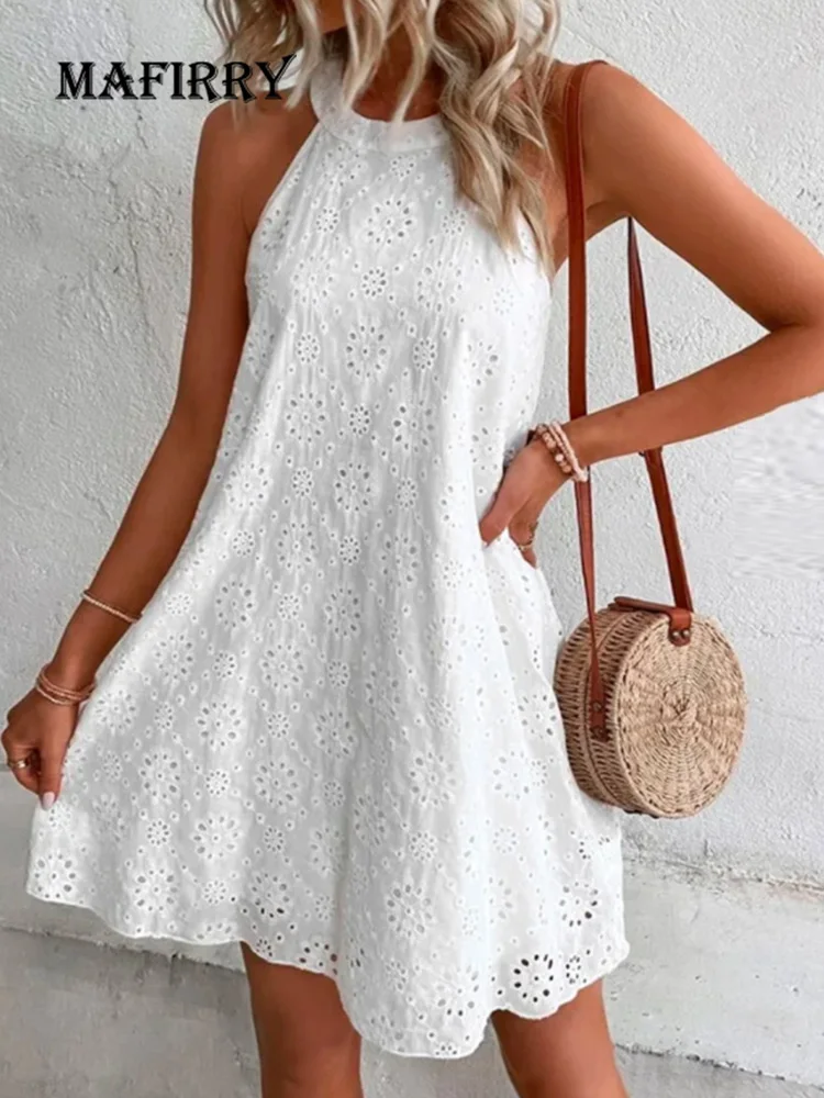 

Summer Hollow Out Hole Patchwork Casual Dress Women Party Club Beach Loose Mini Dress New Patchwork Sleeveless Round Neck Dress