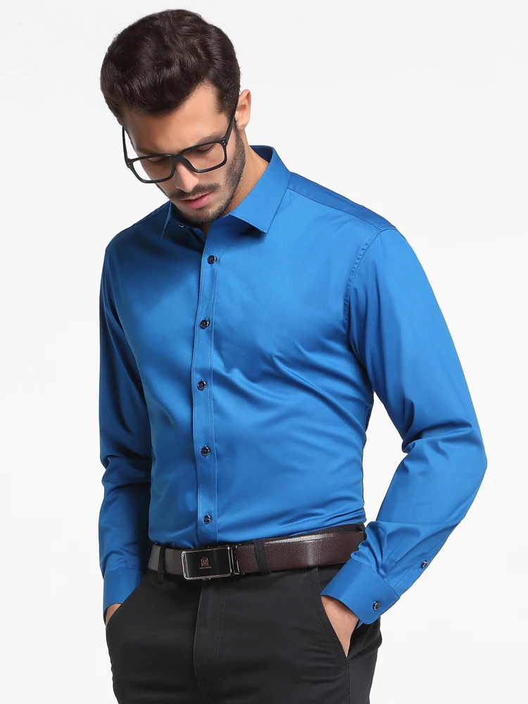 Men's Classic Silk Touch Bamboo-fiber Long Sleeve Dress Shirts Without Pocket Regular-fit Solid Business Office Easy-care Shirt