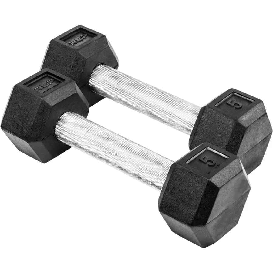 Fitness Rubber Hex Dumbbell(s) - 5 LB Pair - Low Odor, Fully Knurled Handle
