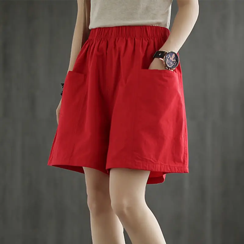 Women's Cotton Linen Shorts Hot Sale Elastic High Waist Wide Leg Trousers Casual Korean Fashion Short Femme Summer Clothing J204 levis shorts Shorts