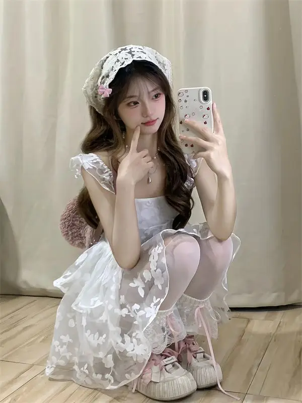 Elegant Princess Party White Dress Sleeveless Summer New Y2K Ruffles A-line Short Dresses for Women Korean One Piece Vestido