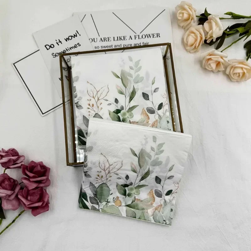 Paper Napkins Disposable Paper Placemats 20pcs 2-Ply Colourful Printed Napkins Forest Green Leaves Hotel Restaurant Table Decoration Wine Glass Flower