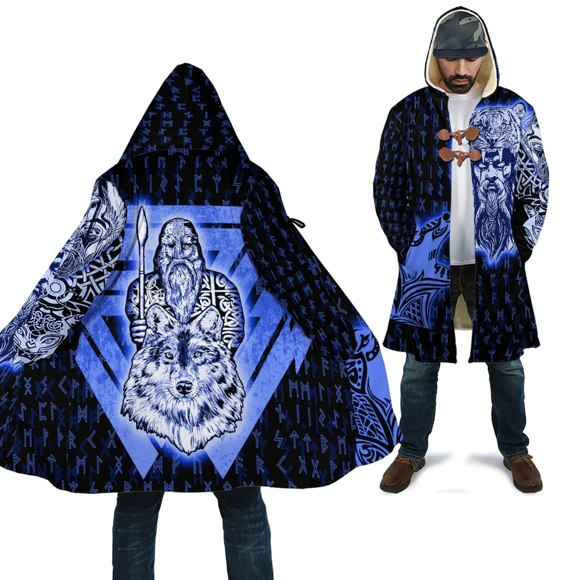 Wolf Fenrir Angry Tattoo 3D All Over Printed Men's Fleece Hooded Cloak Winter Unisex Casual Thick Warm Cloak Coats PF123