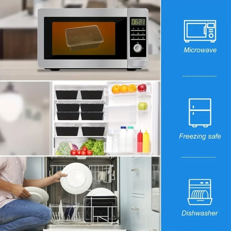 Disposable Food Containers 480/650/870ML Black Kitchen Fridge Storage Box with Lids Leakproof Lunch Box for Fruit Salad Sandwich