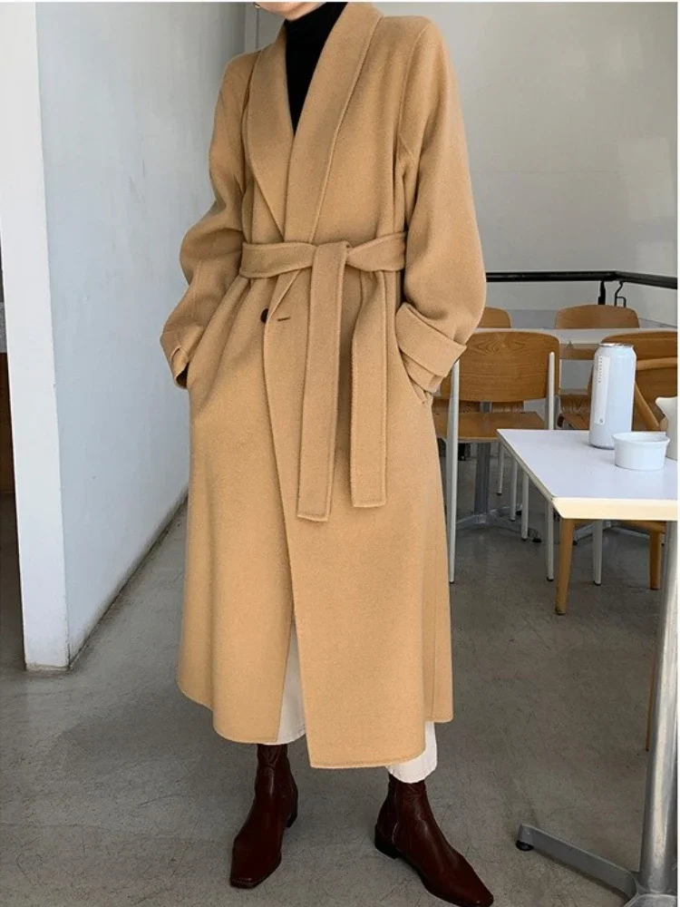 

Bornladies Winter Thick Woolen Coat for Women Belted Loose Long Jacket Coat Office Ladies Autumn Warm Wool Coat 2022