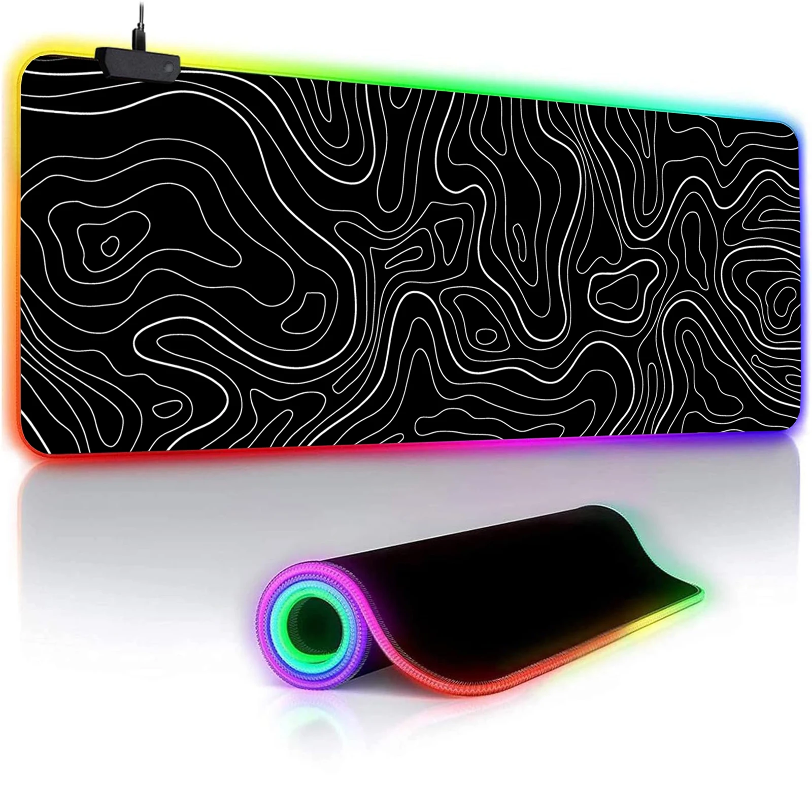 RGB Light Mouse Pad Topographic Black and White Pattern Gaming - Button Control Extended Keyboard Mat Non-Slip Rubber Base 2