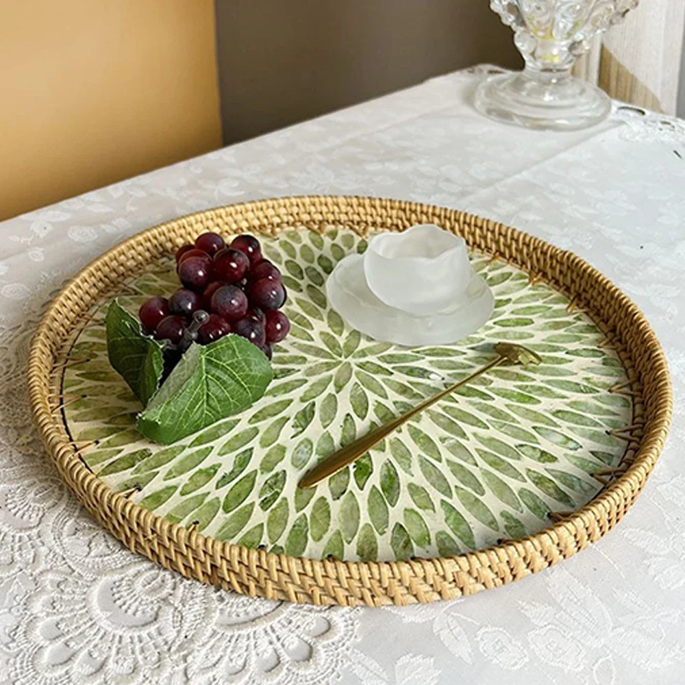 1pc Round Rattan Tray Hand Woven Basket Home Decor Organizer Rattan Tray Wicker Basket for Home Kitchen Table Decor