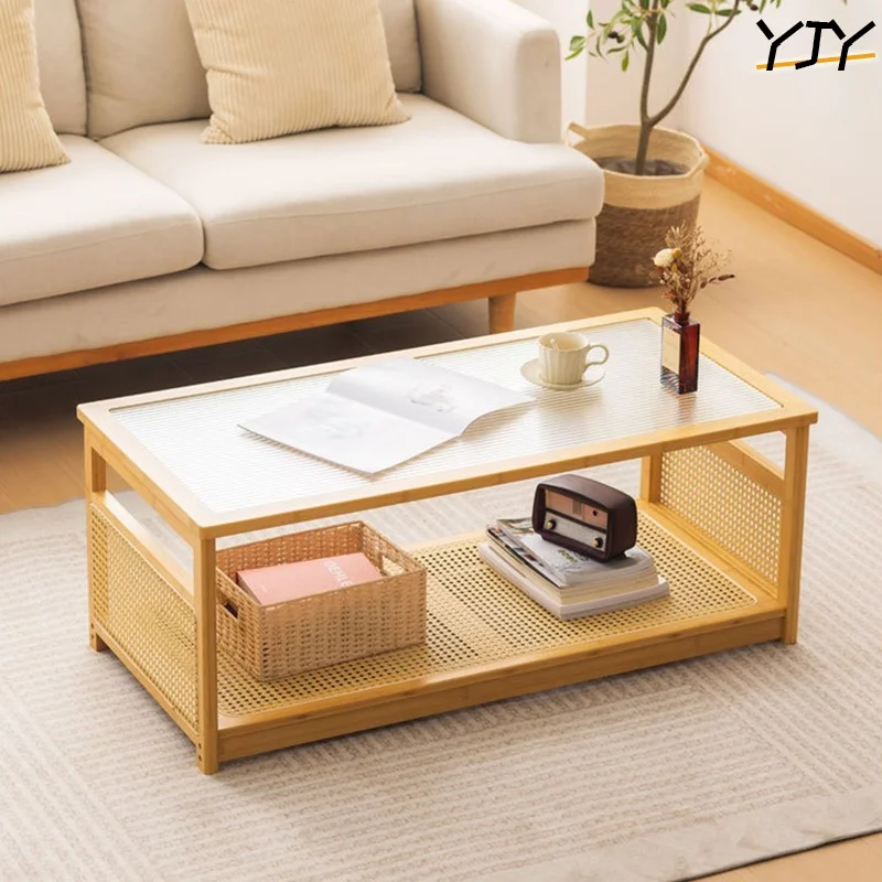 Bamboo Coffee Table Living Room Home Centre Table for Small Apartment Simple Modern Rectangular Glass