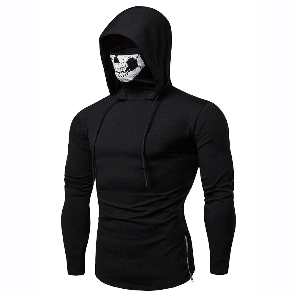 Fabrik Direkt verkauf einfarbig Sport Freizeit Fitness Maske Schädel Druck Sweatshirt Herren dünnen Pullover Kapuze Langarm Hoodie – Detail 2