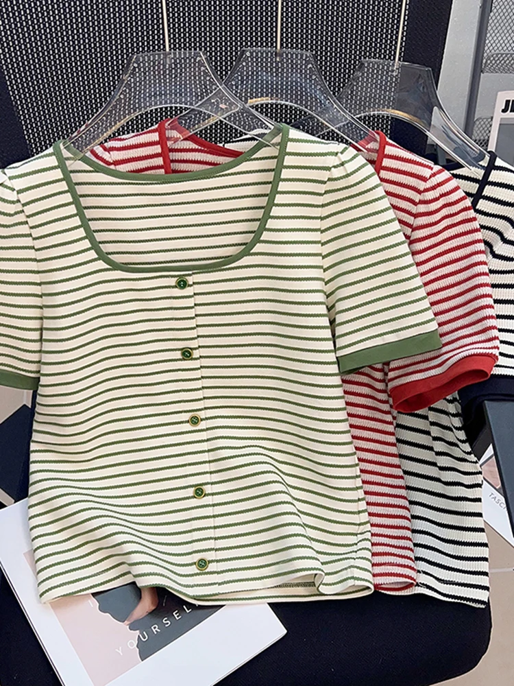 

Pure cotton square neck striped T-shirt 2023 summer new casual top for women