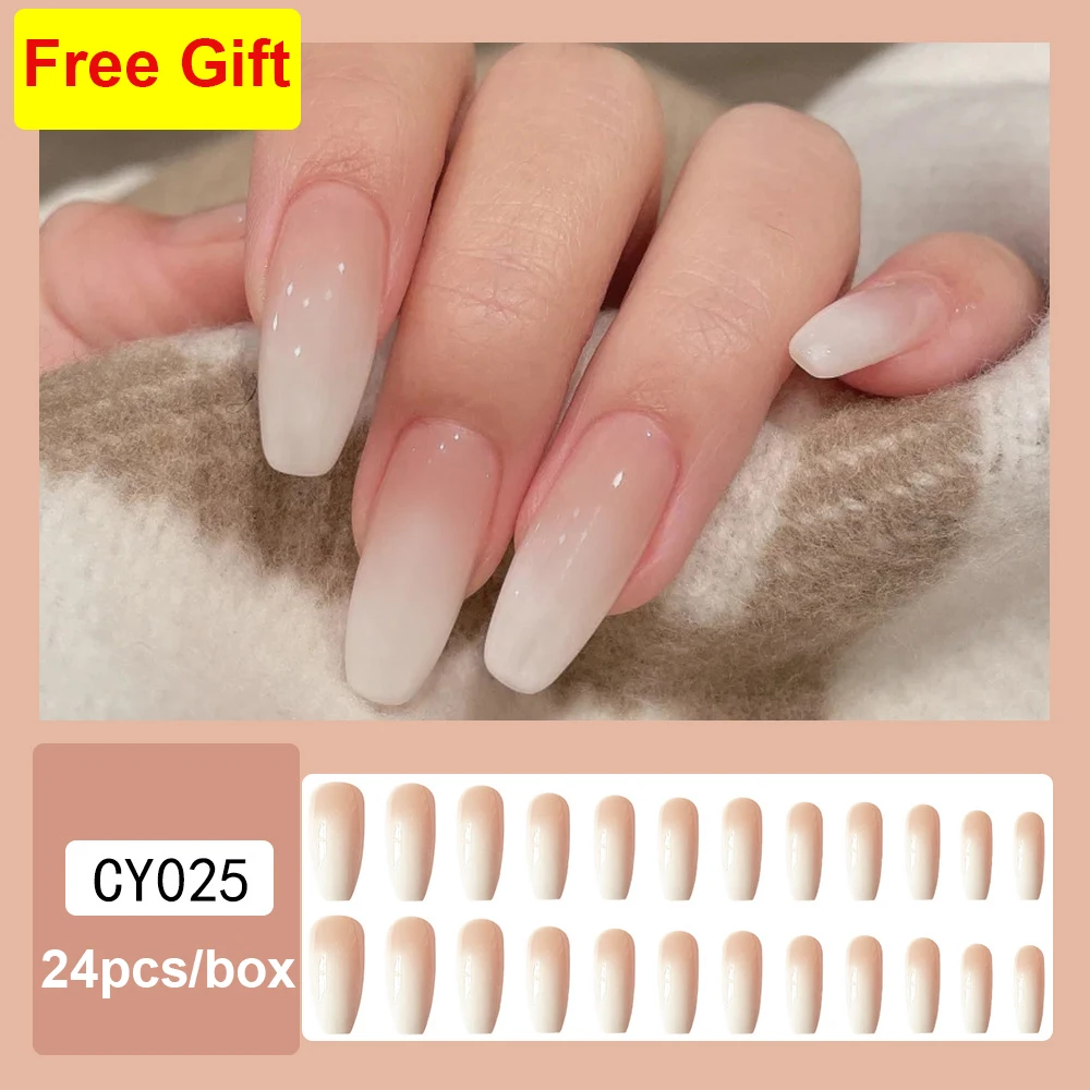 

24pcs/set fake nails press on faux ongles capsule tips Light luxury gradient white design long french false acrylic nails unhas