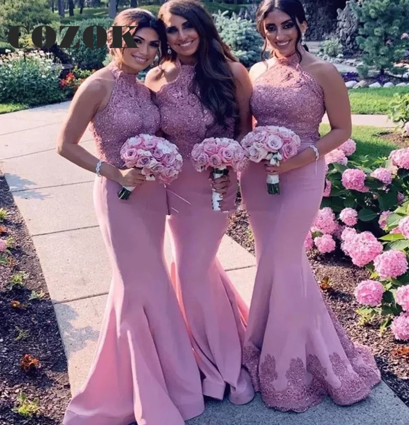 

Long Pink Halter Mermaid Bridesmaid Dresses Floor Length 2023 Newest African Maid of Honor Gown Vestidos De Fiesta SX08