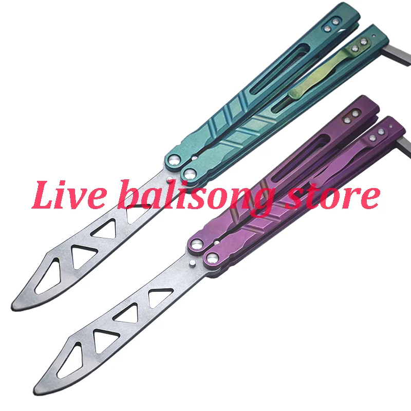 

Theone Alpha Beast AB Clone Sandwich Handle Balisong Flipper Butterfly Trainer Knife Bushings System D2 Blade Titanium Handle