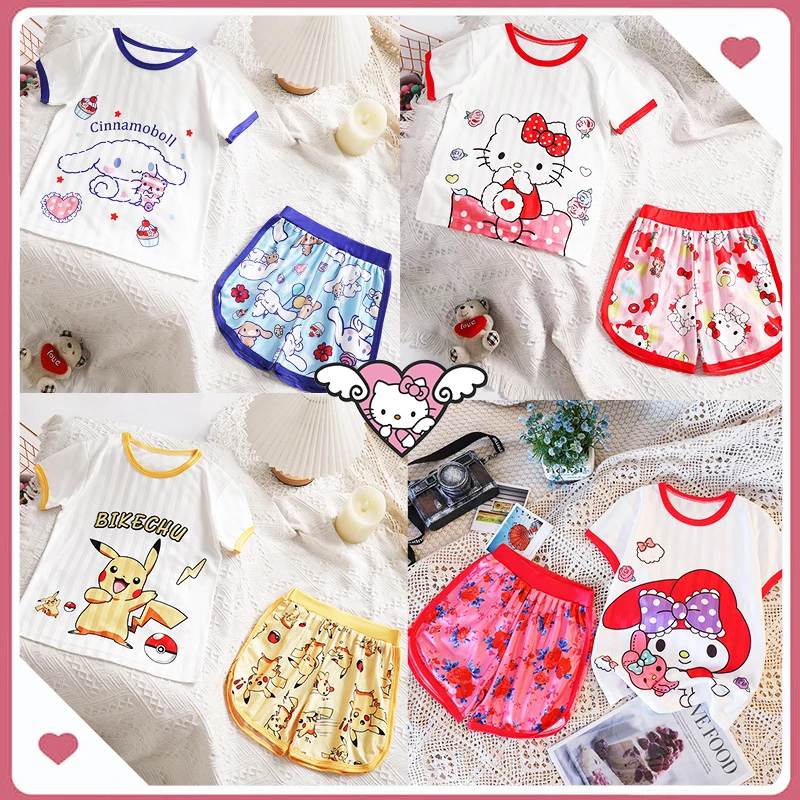 

Kawaii Kids Pajamas Summer 2 Piece Set Sanrioed Cotton Nightgown Anime Cinnamoroll Hello Kitty Pikachu Lovely Girls Boys Gift