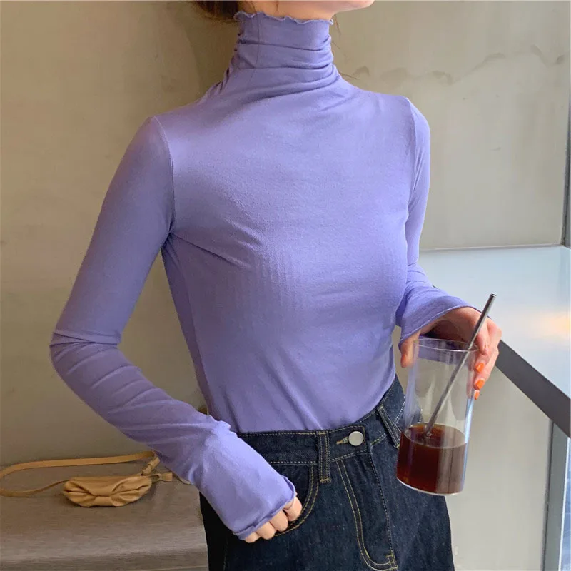 Spring Autumn Turtleneck T-shirt Women All-Match Top Shirt Soft Comfortable Inner Top Casual Long Sleeve T-shirt Office Wear 5