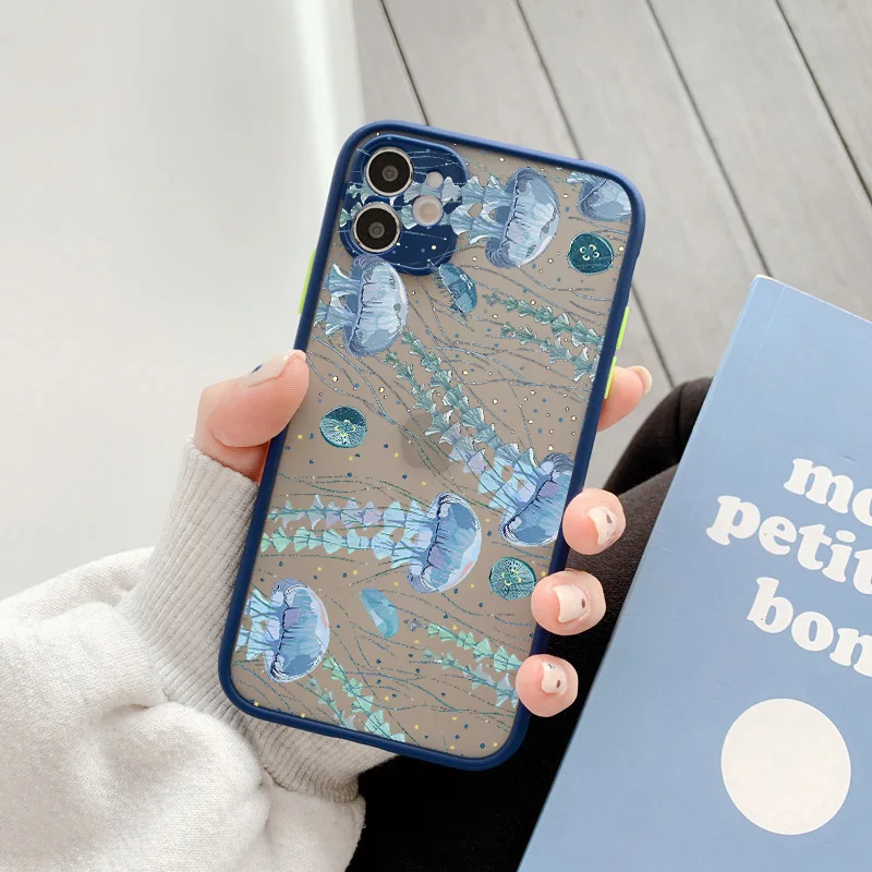 thumbnail image 1 of Cute Cartoon Jellyfishes Printed Phone Case for iPhone X XR XS 7 8 Plus SE2 12 13 mini 11 14 15 Pro Max Matte Shockproof Cover, 1 of 5