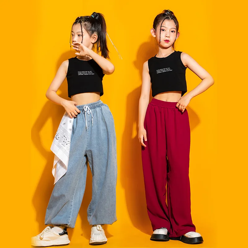 

Kids Hip Hop Dancewear for Girls Jazz Party Stage Outfits Dancing Clothes Street Dance Wear Ballroom Costumes Vest Jeans Pants